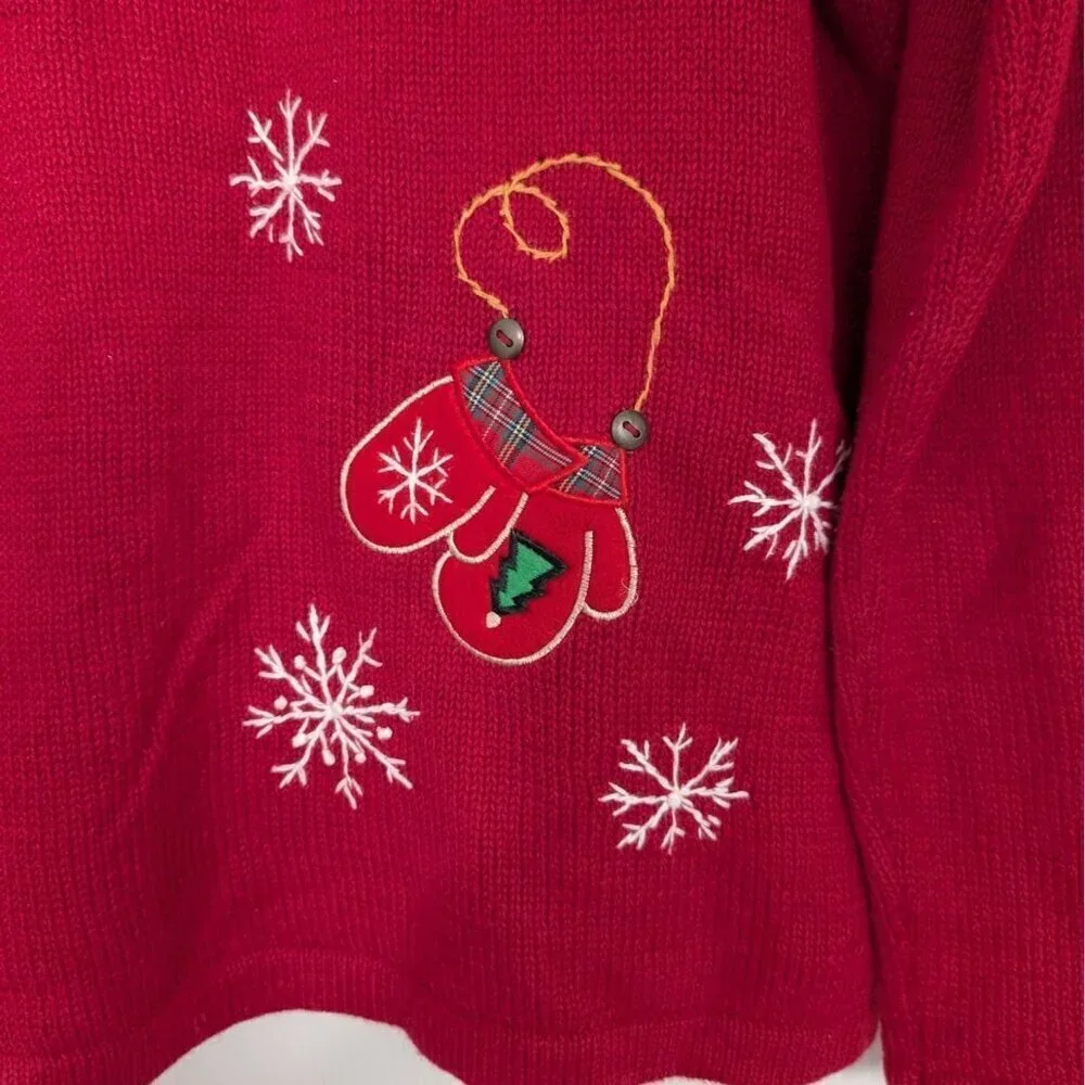 Vintage Ice Skating Cardigan Womens Size Small Red Snowflakes Winter Plaid